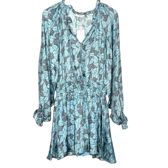 RAMY BROOK Tatum Leaf Floral Print Long Sleeve Pleated Ruffle Mini Dress Medium - Picture 8 of 11